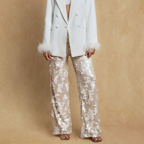 Glamorous Womens High Waist Sequin detailed Wide Leg Long Pants - Picture 2 of 7